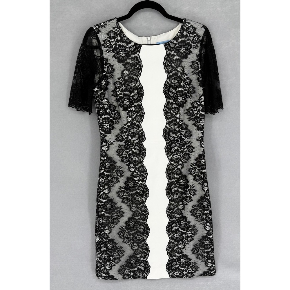 Antonio Melani Dress Womens 8 Black White Lace Overlay Sheath Short Sleeve